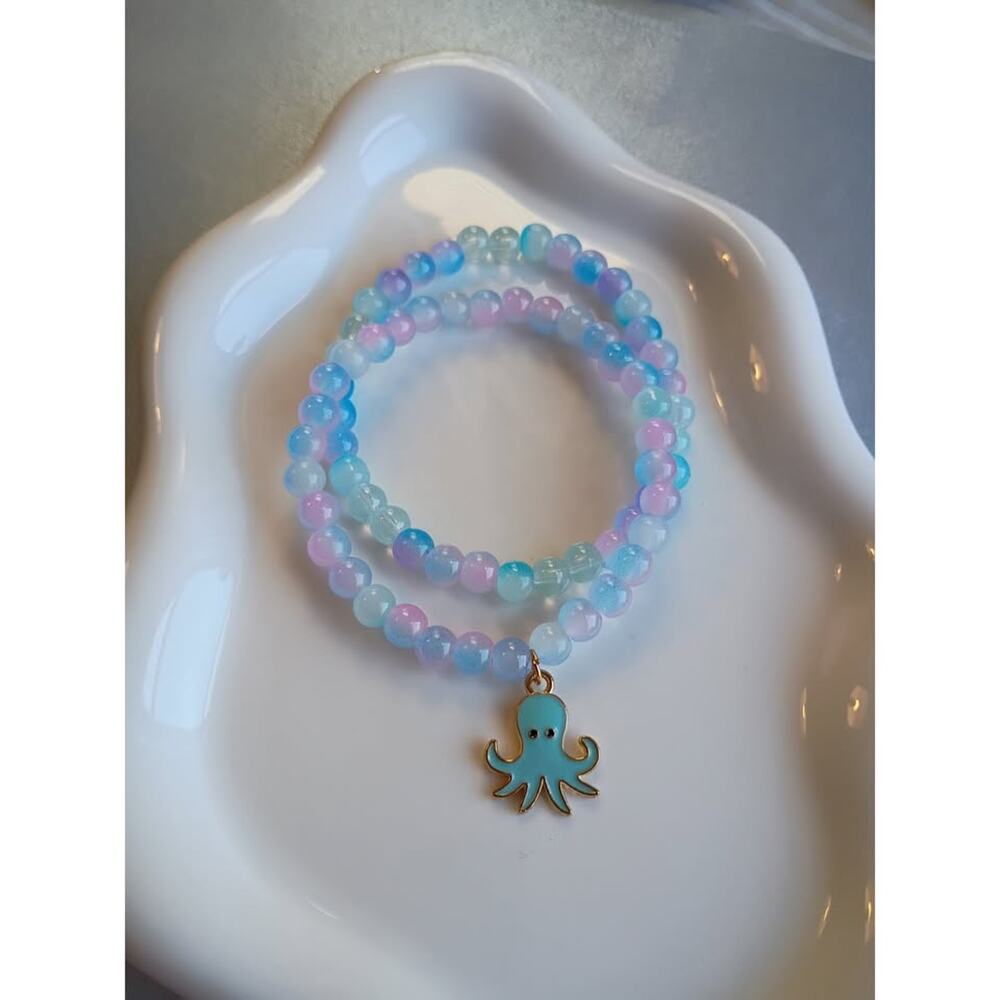 Pastel Ocean Iridescent Glass Bead Bracelet Set – Octopus Charm, 6.5" Handmade
